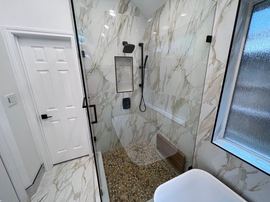 Beautiful shower fixtures and faucets, integrated design, folding shower bench