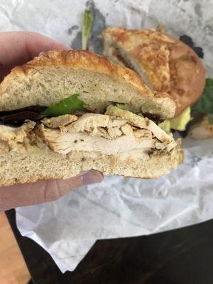 Toasted chicken & avocado on an Asiago cheese bagel