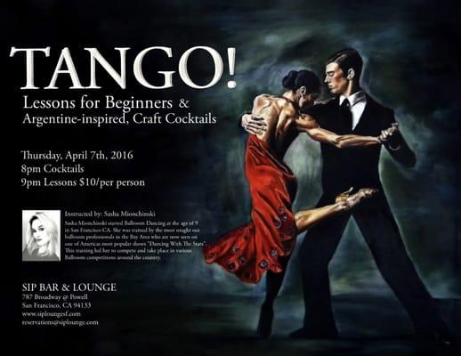 Sasha will be teaching Tango at Sip Bar & Lounge in San Francisco this Thursday April 7th!