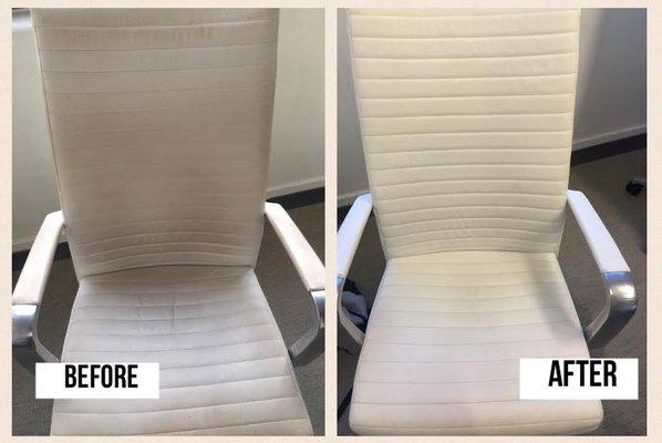 Cleaning and Conditioning of white leather seating with our own bottled formula, New York Leather.