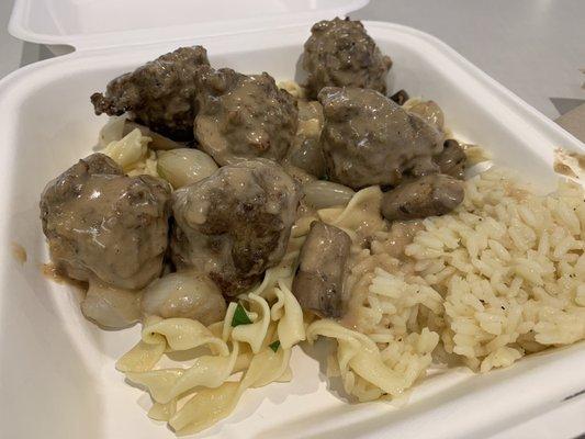 Swedish meatballs with egg noodles and lemon rice pilaf