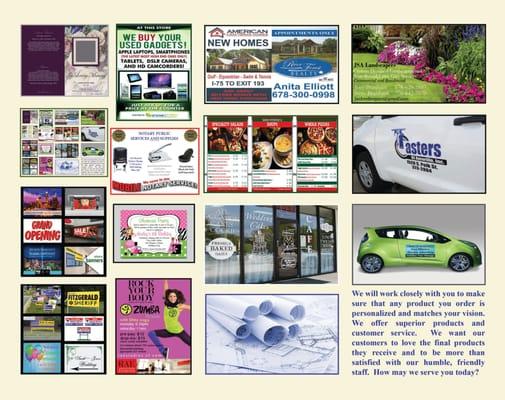 Adhesive decals, banners, blueprints, brochures, business cards, card presentations, copies/digital copies, flyers, invitatio...