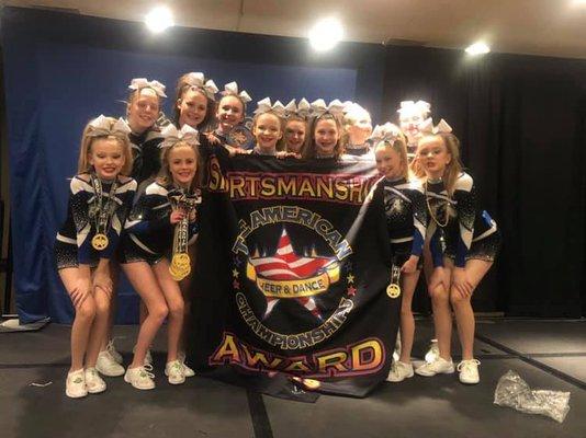 Blue Storm Athletics All-Star Cheerleading team, Sub 0, earning the D2 Gym Sportsmanship Award!