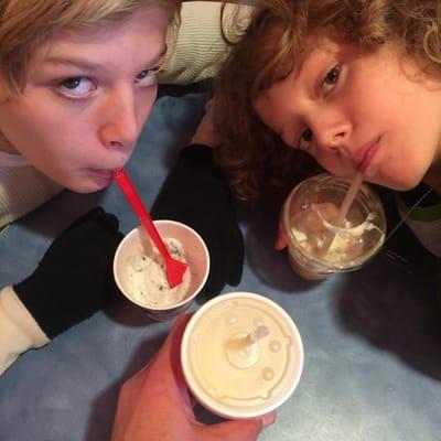 Delicious Oreo Blizzard, and root beer float for the brats. I got the Orange Julius made with soft serve ice cream -- heaven.