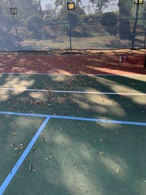 They need to blow off all the debris on these tennis courts after they cut the grass and blow it on the courts.