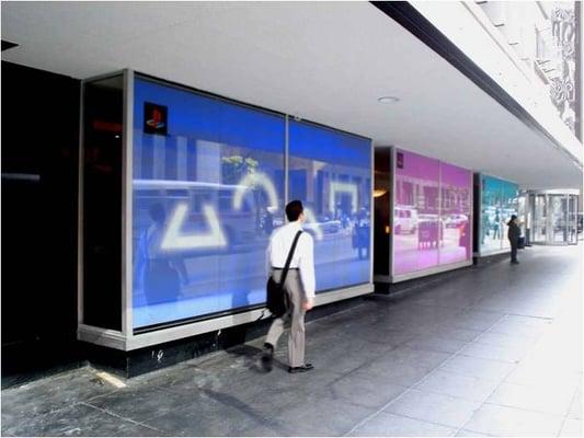 in window, storefront advertising is a great low cost introduction to pop up stores.