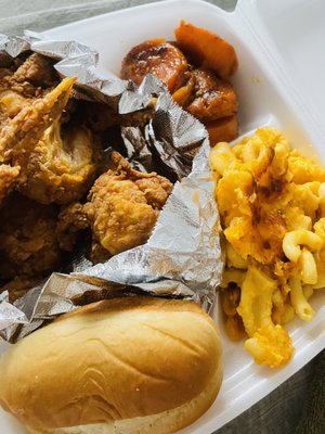 Mac n cheese, candy yams, fried chicken wings.