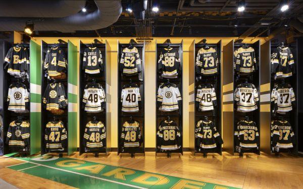 Floor to ceiling Bruins jersey wall