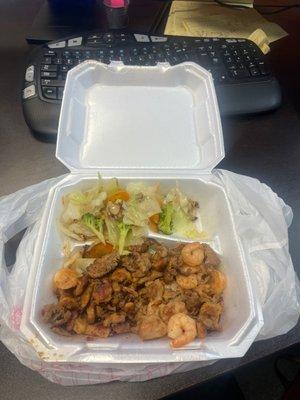 Chicken (not much), steak and shrimp teriyaki plate.