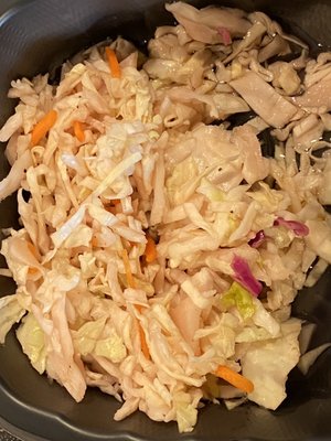 Crisp tasting coleslaw, made with sugar and vinegar. Delicious.