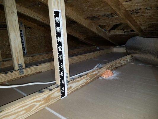 Attic rulers pictured so you can rest assured on how much insulation you are receiving and the air seal we promised.