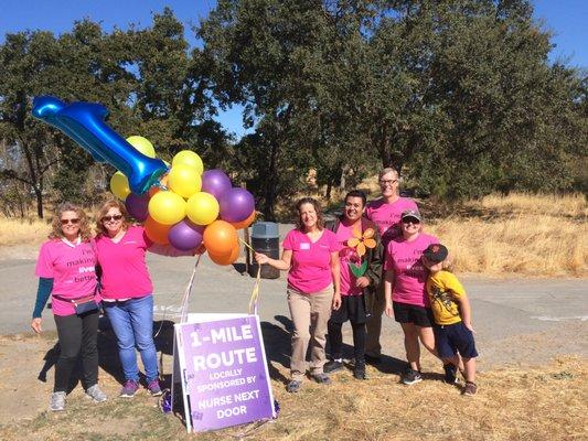 Nurse Next Door cheering walkers at the 1 mile marker at the Walk to End Alzheimer's Disease 10/1/16