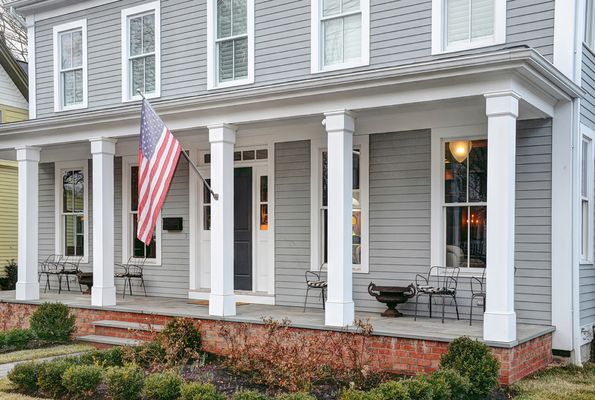 Stone, brick, clapboard and the flag.