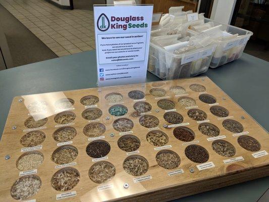 A custom made seed box displays some of our Texas Native grass and forb seeds.