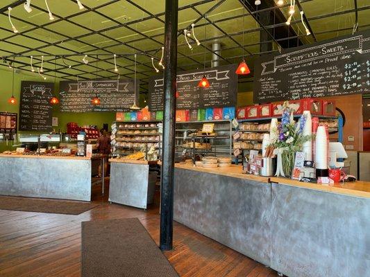 Inside the shop, front counter.