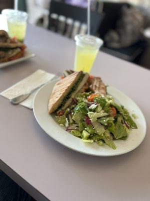 A Delicious Chicken Pesto Panini with a side of Fresh Greek Salad.