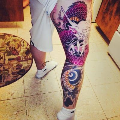 Tattoo by Lou. Freehand, one of a kind leg sleeve. Love this guys. Wouldn't get tattoo anywhere else!