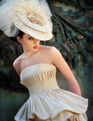 White Tie Collection "Sophia" gown. With matching hat by Le Jardin de Julia as shown on cover of Enchanted Brides Magazine 2012