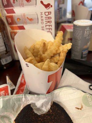 Fries were freezing cold when we got them. Also no salt.