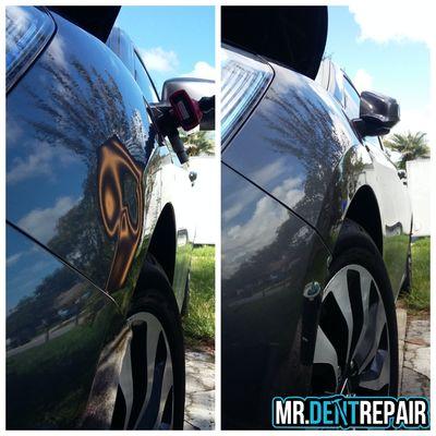 Front fender body line dent before and after.