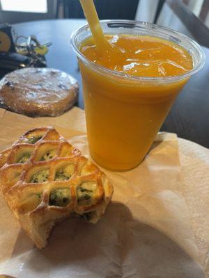 Mango shake,  spinach cheese pastry with a chocolate chip cookie