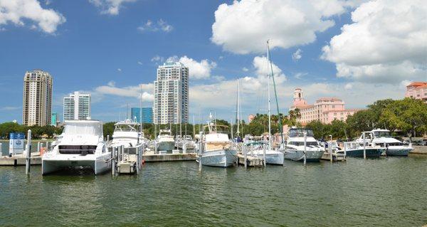 Skyline view of downtown St. Pete from the Vinoy Basin, Vinoy Hotel in background on right.