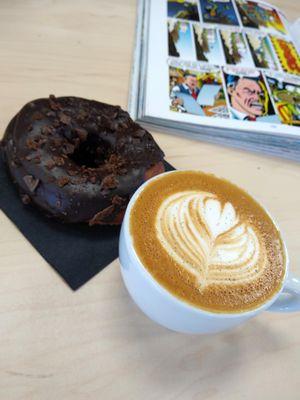 Vanilla bean latte and a Level 5 vegan donut