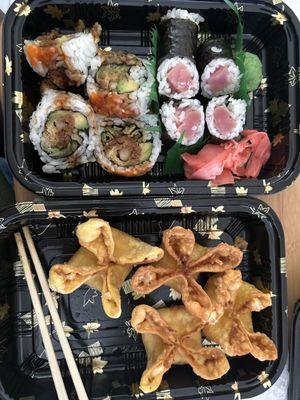 Shrimp tempura roll, tuna roll, and crab Rangoons