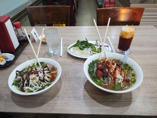 Food- Pho Meatball Soup & Pho Tai Drink- Water & Thai Milk Tea