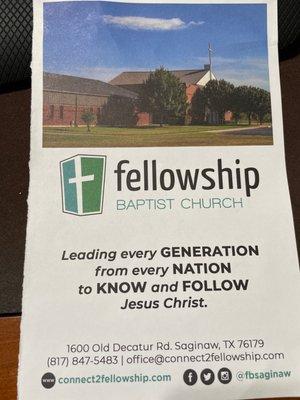 Front of the church bulletin.