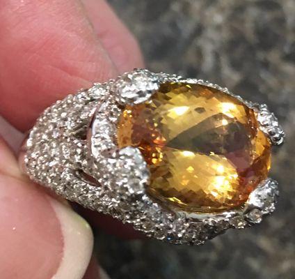 Large untreated natural Imperial Topaz and Pave' Diamonds in 18k.