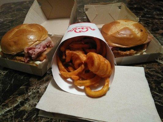 Late nite snack for my hubby! Chicken cordon blue and curly fries.