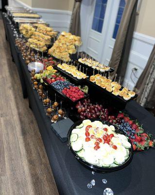 Sliders, Deviled Eggs, Fruit and Salad