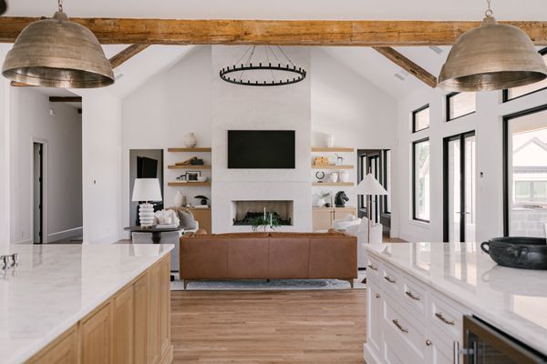 Living room, double kitchen islands