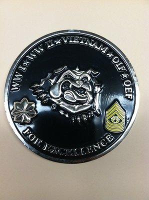 Promotional product offerings include military challenge coins.