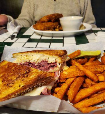 Stacked Ruben & seasoned sweet potato fries