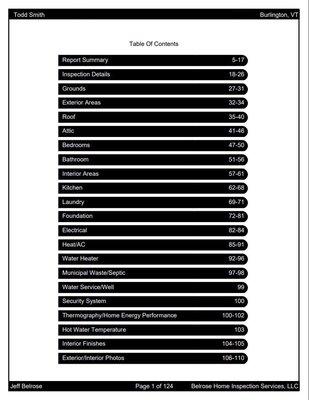 Here is the Contents page from our inspection report to help verify this is a real review. Posted with permission from Eric at Belrose