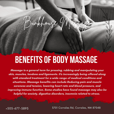 Bunkhouse Massage
 3701 Corrales Rd, Corrales, NM 87048
 Call us at 505-677-5895