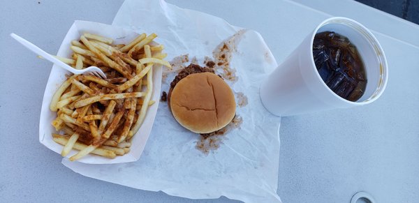 BBQ sandwich, chili cheese fries, root beer