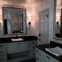 Custom cabinetry, plumbing, lighting, mirrors, wallpaper, paint for client Master BR