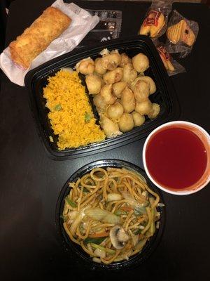 Sweet and Sour chicken, fried rice, and lo mein