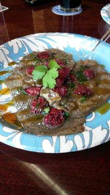 Buckwheat Flapjacks with raspberries,  cilantro,  and honey! Delish!