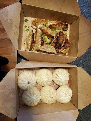 Chicken ginger potstickers and assorted baos