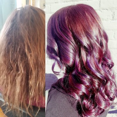 Corrective purple and burgundy balayage, conditioning treatment and haircut by Ally Markowski