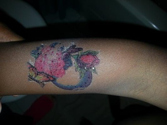 My 4 year olds tattoo. She wants Ms. Blair to give her a hello kitty tattoo next time!!! :0)