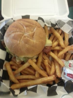 Mushroom bacon cheeseburger with fries