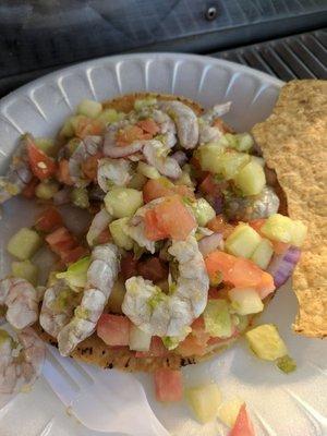 Tostada de camaron.  Tip if you aren't good with spicy stuff mention it so they don't add the green sauce on top.