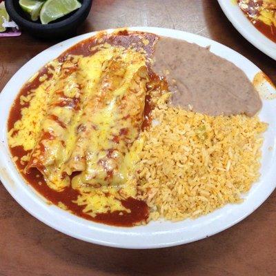 Chicken enchiladas with rice & beans