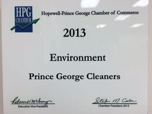 Chamber of Commerce 2013  Environmental Award Winner.  We never use PERCHOLROETHYLEN.