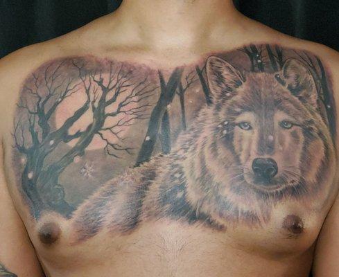 "Wolf in snow" chest piece by Karin Ackerman-Saunders